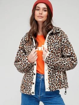 Image of Levis Leopard Print Sherpa Jacket - Brown, Size L, Women