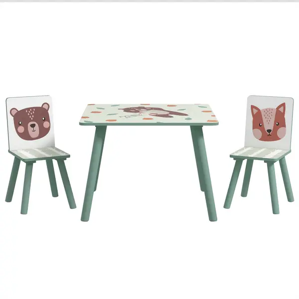 Image of ZONEKIZ Kids Table and Chairs, Children Desk with 2 Chairs, 3 Pieces Toddler Activity Furniture Set for Bedroom, Nursery, Playroom, Green
