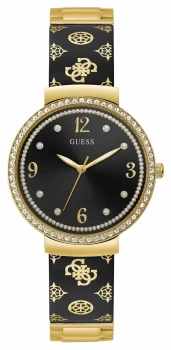 Image of Guess Womens Motif Stainless Steel Black/Gold Bracelet Watch