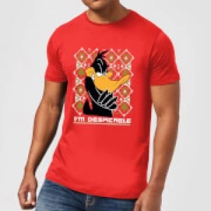 Image of Looney Tunes Daffy Duck Knit Mens Christmas T-Shirt - Red - L