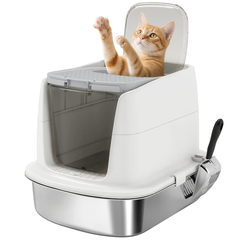 Image of PawHut PawHut Stainless Steel Litter Box, Enclosed Metal Cat Litter Tray with Scoop