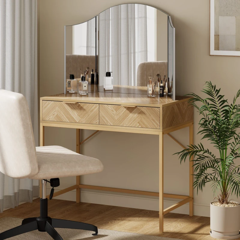 Image of Vonhaus Dressing Table For Bedroom, Herringbone 2 Drawer Vanity Desk With Gold Handles & Legs, Chevron Makeup Table, Ducie