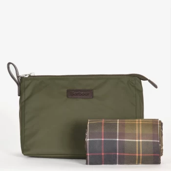 Image of Barbour Mens Washbag & Towel Set - Olive/Classic Tartan