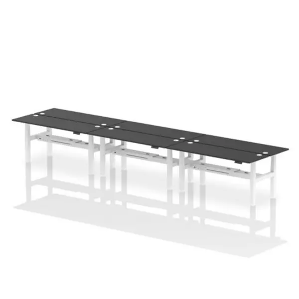 Image of Air Air Back-to-Back 1800 x 600mm Height Adjustable 6 Person Bench Desk Black Top with Cable Ports White Frame HASCP6P18600BLKW