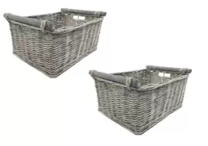 Image of SET OF 2 Kitchen Log Fireplace Wicker Storage Basket With Handles Xmas Empty Hamper Basket Grey,Set of 2 Large 45 x 35 x 20 cm
