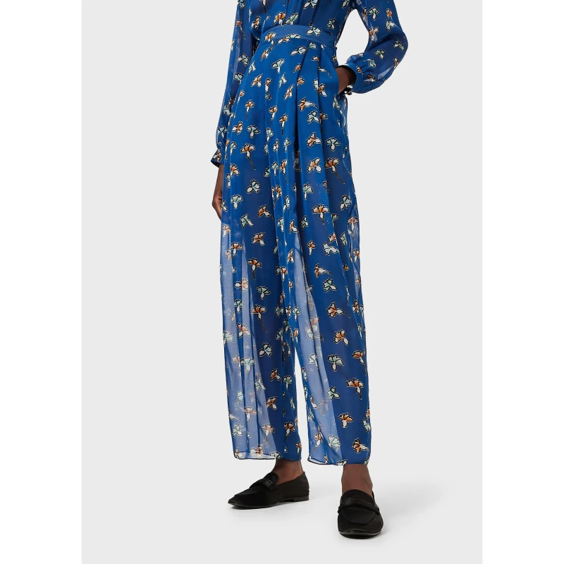 Image of Emporio Armani Print Wide Leg Trousers - Blue Blue 4