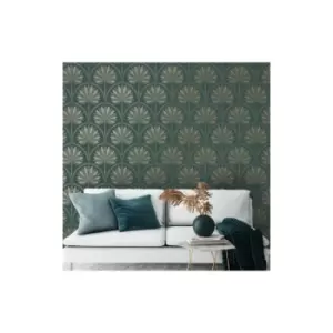 Image of Holden Decor - Holden Teal Metallic Gold Tropical Palm Trees Leaves Feature Wallpaper