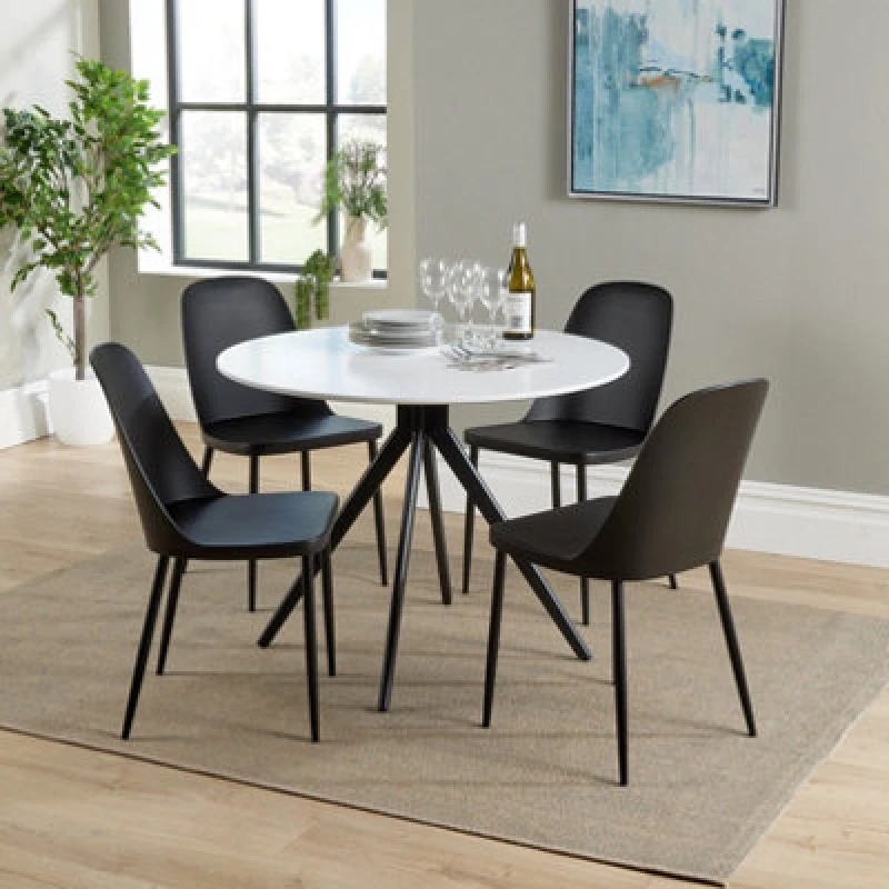 Image of Core Products Aspen White 100Cm Round Dining Table With 4 Black Plastic Duo Design Chairs