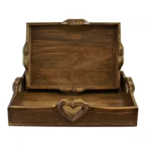 Image of Set Of 2 Mango Wood Heart Detail Serving Trays