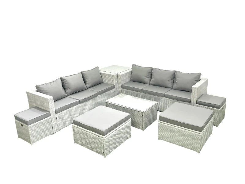 Image of Fimous 8 Pieces Rattan Garden Furniture Set Outdoor Garden Sofa Coffee Table Set with Side Table 4 Footstools Light Grey Mixed Light Grey