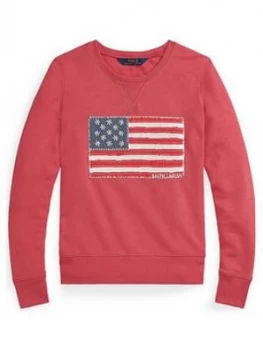 Image of Ralph Lauren Girls Embroidered Flag Crew Sweat - Red, Size Age: 4 Years, Women