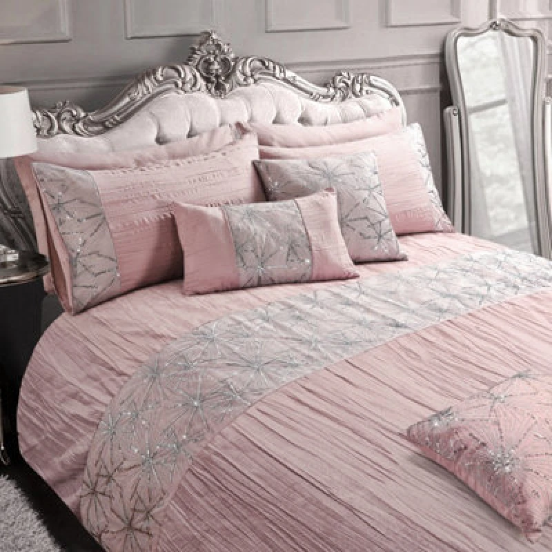 Image of Intimates Elegant Pleated & Sequin Duvet Cover Set With Decorative Pillowcases, Soft Texture Linen Set For Chic Bedroom, Easy Care - Pink