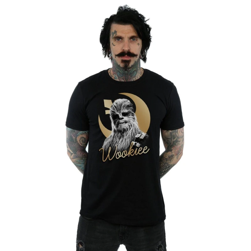 Image of Star Wars Star Wars Men The Last Jedi Gold Chewbacca T-Shirt in Black Size: Small Black S Male 5057245489263