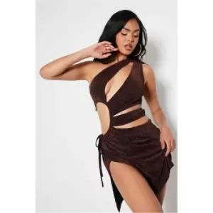 Image of I Saw It First Orange Glitter One Shoulder Cut-Out Split Hem Mini Dress - Orange