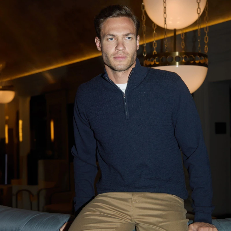 Image of Threadbare Threadbare Men Mini Cable Knit Quarter Zip Jumper in Navy Size: Medium Navy M Male 7625914447449