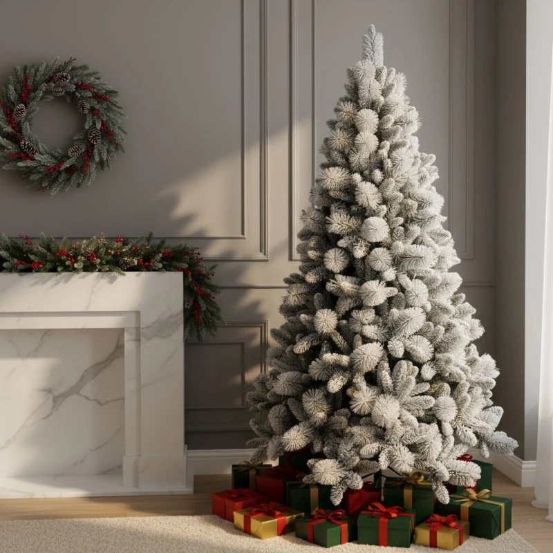 Image of Shatchi 6FT Frosted Snowy Boulder Pine Helsinki Fir Green Tips Bushy Artificial Plain Christmas Tree White