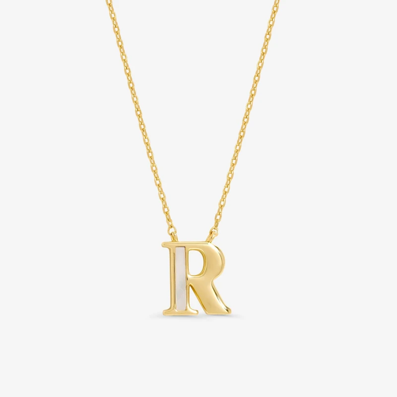 Image of Inicio Womens 14K Real Gold Plated & Mother of Pearl Initial Pendant - R Gold Female One Size