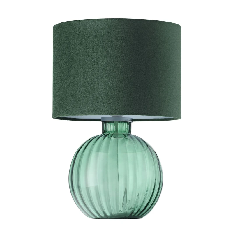 Image of Happy Homewares Contemporary Ribbed Glass Table Lamp with Velvet Fabric Shade in Dark Green Dark Green Unisex