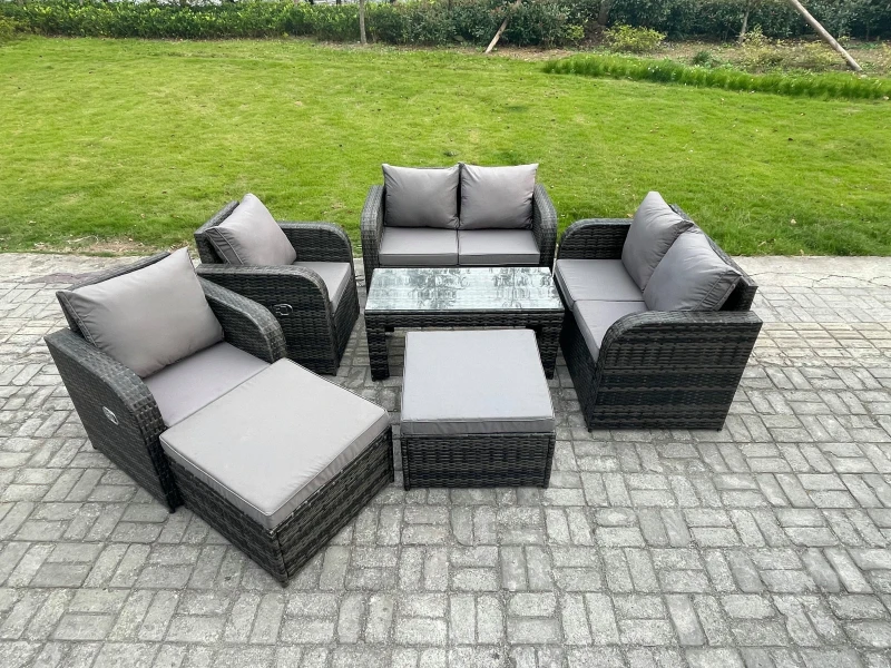 Image of Fimous 8 Seater Rattan Wicker Garden Furniture Patio Conservatory Sofa Set with Rectangular Coffee Table Reclining Chair Love Sofa 2 Big Footstool Dar