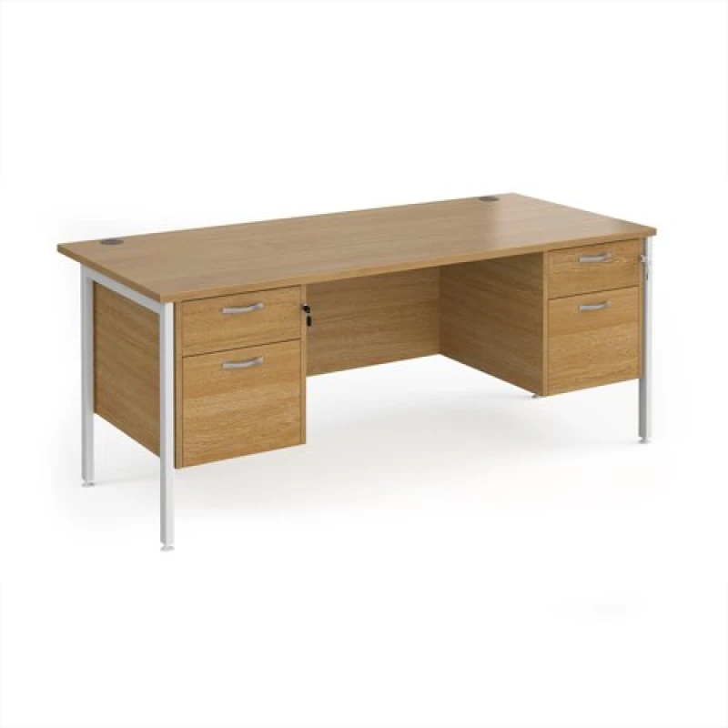 Image of Maestro 25 Office Desk Rectangular Desk 1800mm With Double Pedestal Oak Top With White Frame 800mm Depth Maestro 25 MH18P22WHO Oak MH18P22WHO