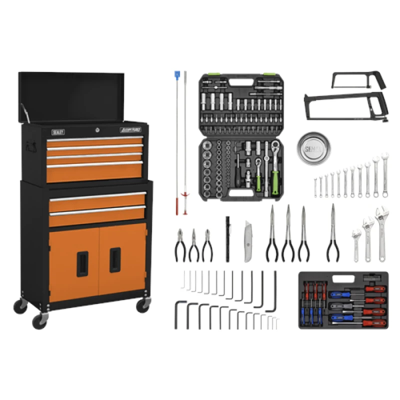 Image of Sealey American Pro Topchest & Rollcab Combination 6 Drawer with Ball-Bearing Slides - Orange/Black & 170pc Tool Kit AP22OCOMBO