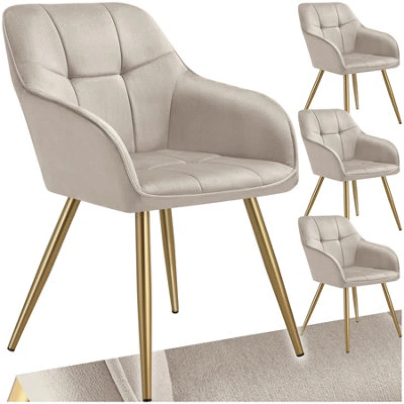 Image of Tectake Set Of 4 Chair Marilyn - Quilted Velvet Look, Continuous Backrest, Golden Steel Legs - Taupe/gold