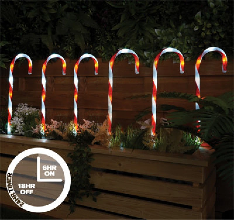 Image of Xmas Haus Outdoor LED Christmas Candy Cane Lights Set of 6 with Timer and Battery Operation ELV-856696