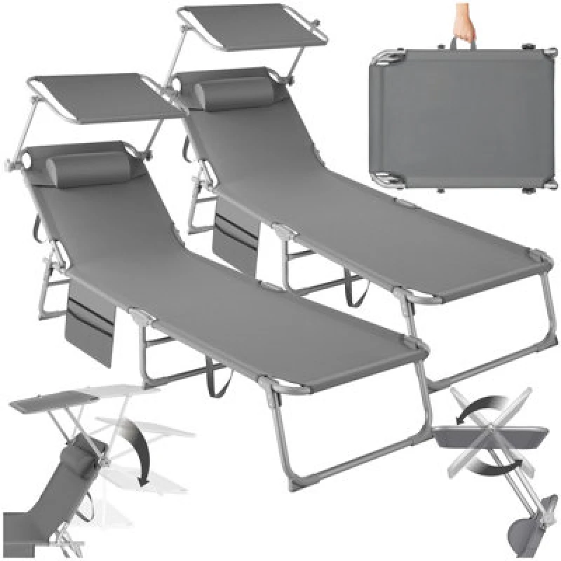 Image of Tectake 1 Set Of 2 Sun Loungers - Foldable, Adjustable Sun Canopy - Grey