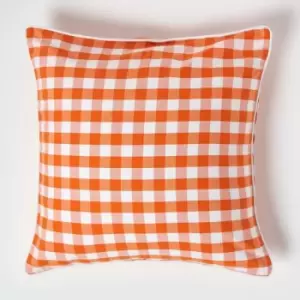 Image of Homescapes - Orange Block Check Cotton Gingham Cushion Cover, 60 x 60cm - Orange
