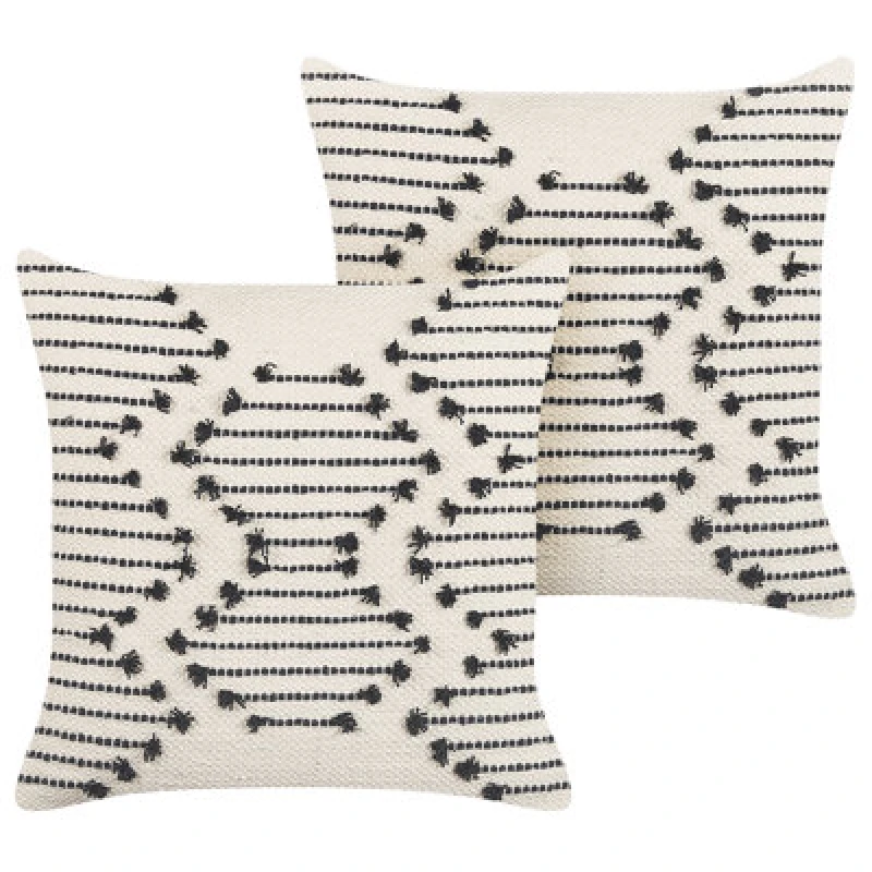 Image of Beliani Set Of 2 Decorative Cushions Myrtus Cotton 45 X 45cm Beige Geometric Pattern