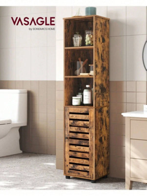 Image of Songmics Vasagle Bathroom Floor Cabinet, Tall Bathroom Storage Cabinet Unit, Bathroom Cabinet Freestanding, With 3 Open Compartments
