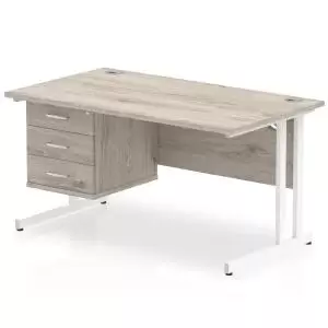 Image of Impulse 1400 Rectangle White Cant Leg Desk Grey Oak 1 x 3 Drawer Fixed