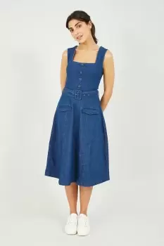Image of Blue Denim Stretch Fit And Flare Dress