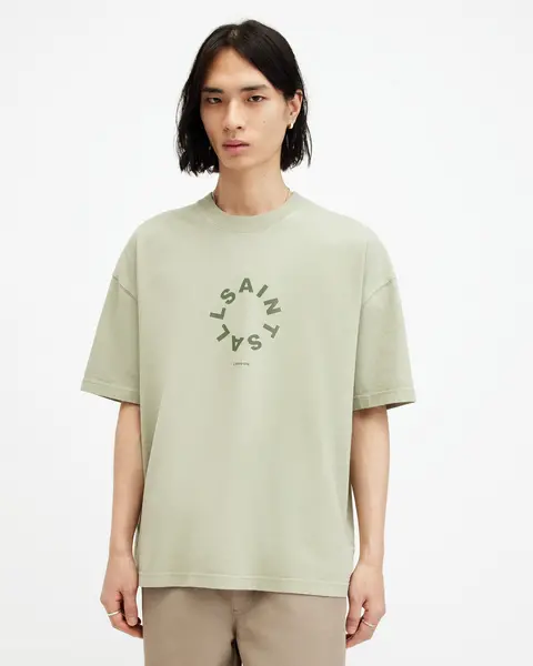 Image of AllSaints Tierra Back Print Crew T-Shirt - Light Khaki, Light Khaki, Size 2XL, Men Light Khaki VXDYR Male 2XL