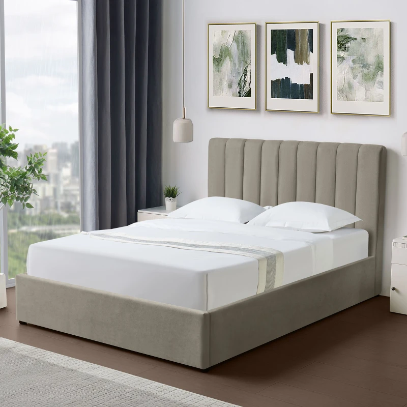 Image of Artemis Home Evelynne Fabric 135cm Double Ottoman Bed Frame with Storage in Light Brown Light Brown Unisex Double