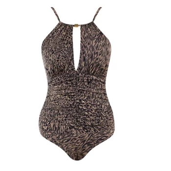 Image of Seaspray Ava Animal Print High Neck Plunge Swimsuit - Brown/Gold