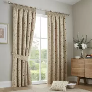 Image of Renata Floral Jacquard Weave Lined Pencil Pleat Curtains, Natural/Red, 90 x 90" - Curtina