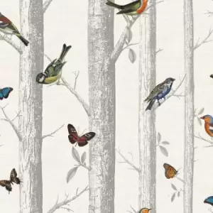 Image of Holden Decor Epping Trees Forest Birds Butterflies Wallpaper-White / Multi-12231