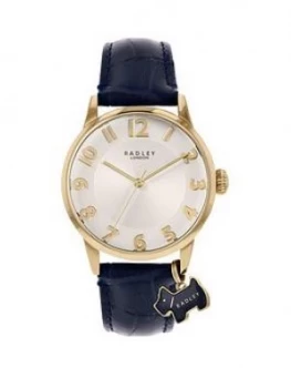 Image of Radley Liverpool Street Silver Sunray And Gold Detail Dog Charm Dial Blue Leather Strap Ladies Watch