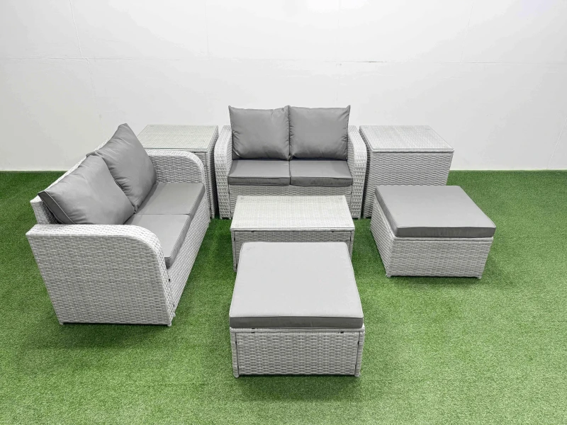 Image of Fimous 6 Seater Outdoor Love Sofa Set Rattan Garden Furniture Set with Rectangular Coffee Table 2 Footstool 2 Side Tables Light Grey Light Grey