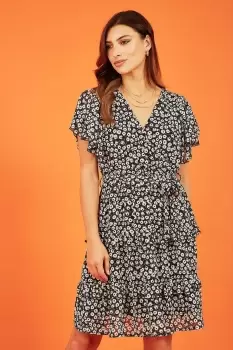 Image of Black Floral Wrap Skater Dress