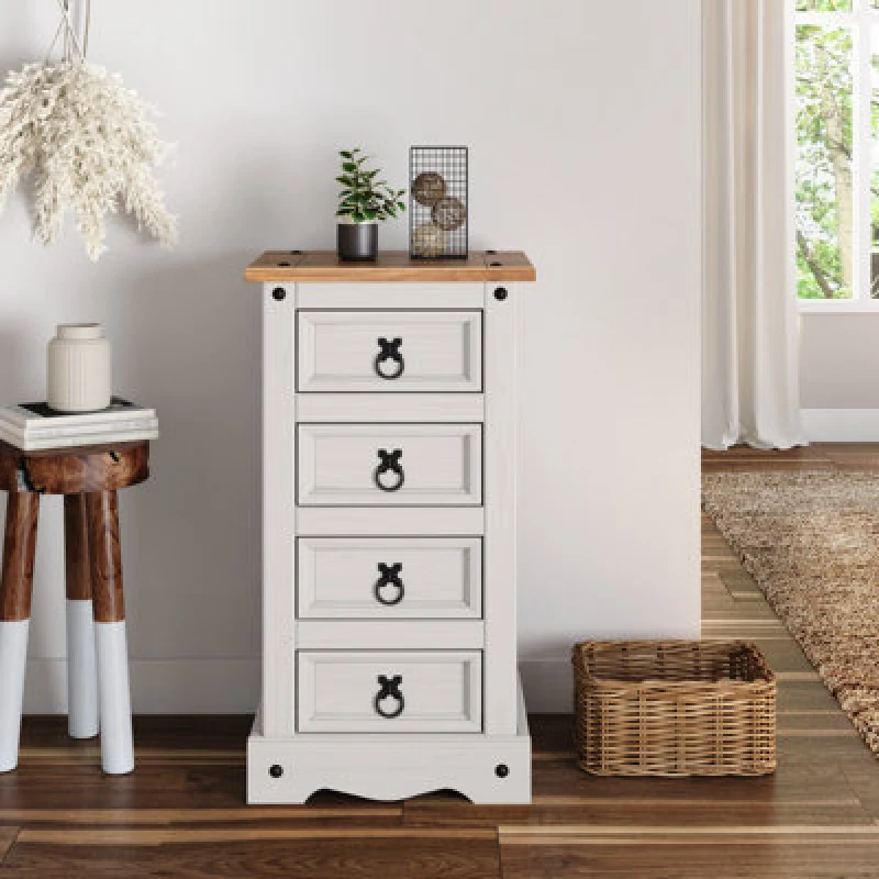 Image of Mercers Furniture Corona White 4 Drawer Narrow Bedside Chest Table Cabinet Solid Pine With Mexican Styling, White WHTWAX54