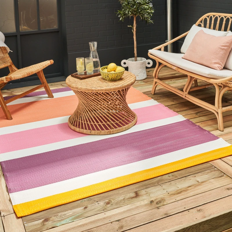 Image of THE RUGS Waterproof Plastic Outdoor Rugs for Garden Patio Balcony Camping - Striped - Rainbow 1030 Pink Size: 180cm x 270cm Pink Unisex 180cm x 2