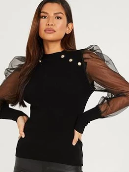 Image of Quiz Black Knitted Organza Sleeves Top - S