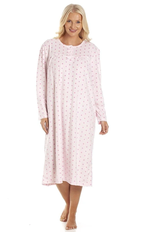 Image of Camille Sleeve Polka Dot Soft Fleece Nightdress - Pink Pink 14