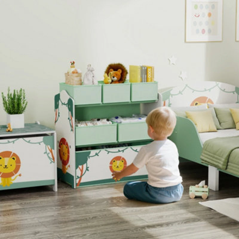 Image of AIYAPLAY 3-Tier Kids Storage Shelf with 6 Removable Fabric Boxes, Green 311-100V80GN