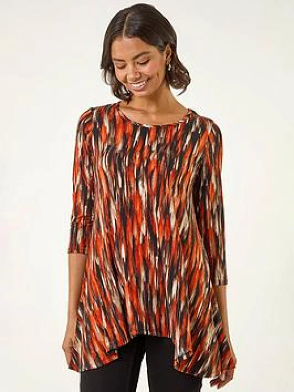 Image of Roman Womens Abstract Print Hanky Hem Stretch Top in Orange Size: 18 Orange Female 18