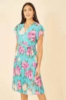 Image of Green Floral Wrap Pleated Dress