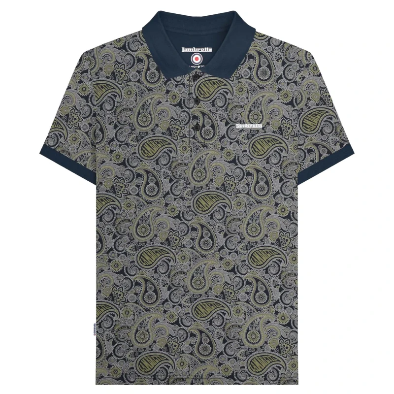 Image of Lambretta Lambretta Men SS25 Paisley Branded Polo Shirt in Navy Size: large Navy L Male 5063703661898