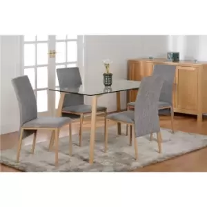 Image of Glass Top Dining Table with 4 Grey Upholstered Chairs - Morton